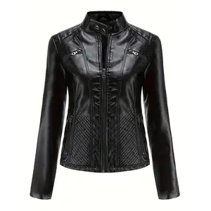 Women's Minimalist Slim-Fit Standing Collar Long Sleeve Polyester Faux Fabric Biker Jacket - Solid Colour Ladies' Outerwear Tops Clothes for Spring, Autumn, Available in Black, Crimson, Camel, S-2XL
