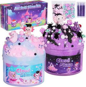 Summer Spring Gift Axolotl Cloud Slime Kit 2 Pack - 14oz Non-Sticky DIY Slime for Kids, Includes Cute Axolotl Charms & Add-Ins, Glitter, ASMR Sensory Toys, Slime Party Favors for Girls Boys