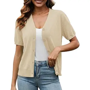 VIISHOW Short Sleeve Lightweight Summer Cardigan for Women, Button Down Open Front V Neck Crochet Knit Cropped Bolero Shrugs