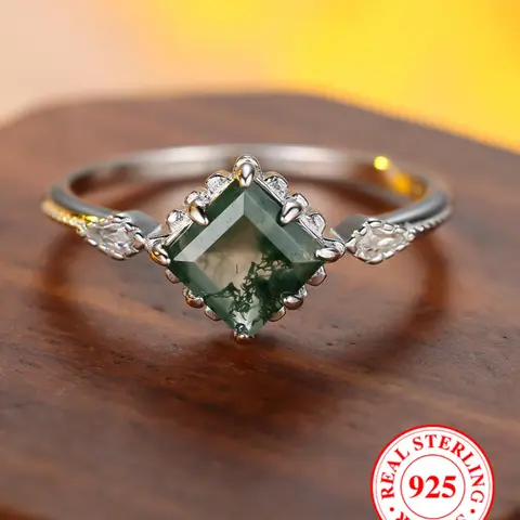 S925 Sterling Silver Artificial Gemstone Sea Grass Decor Ring, Emerald Cut Solitaire Ring, Rings for Women, Beautiful rings, Elegant Everyday Ring, Elegant Casual Ring, Elegant Engagement Ring for Party, Trendy Jewelry for Birthday Gift, with Box As Gift