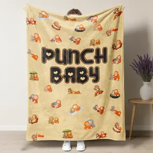 Punch Monkey Themed Throw Blanket,Cute Plush Monkey Collage Print with Heart Accent Font, Soft Flannel Blanket for Emotional Support Animal Lover Gift
