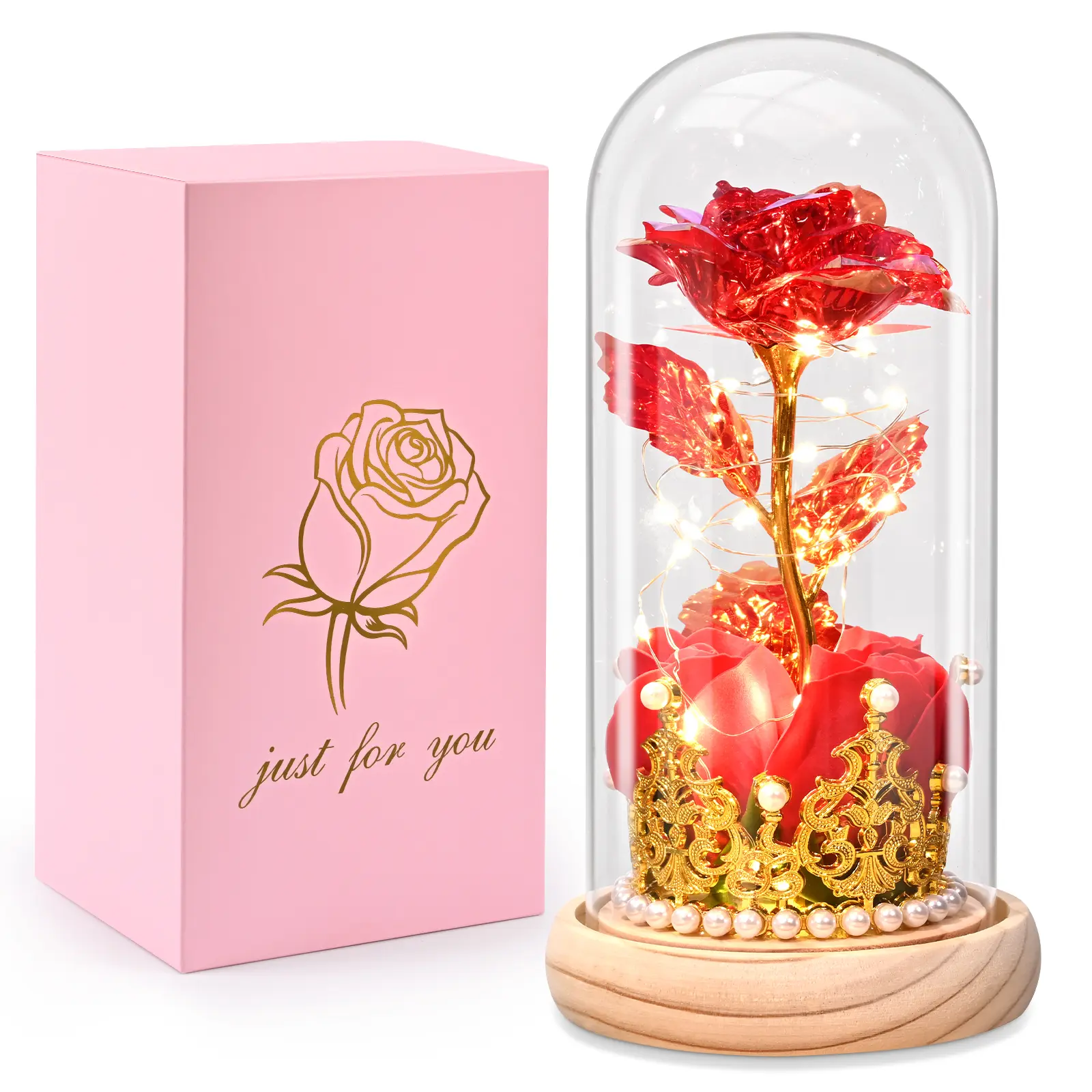 Mother's Day Flower Gifts for Women, Rose in Glass Dome with Lights ,Light up Rose Anniversary Romantic Gift for her,Birthday Gifts for Women,Mom,Wife,Girlfriend,  Red Rose and crown