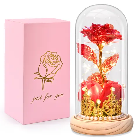 Rose in Glass Dome with Crown LED Lights - Red Artificial Floral Decor Set, Romantic Gift for Women, Christmas Gifts Mom, Anniversary Home Supplies Ornament