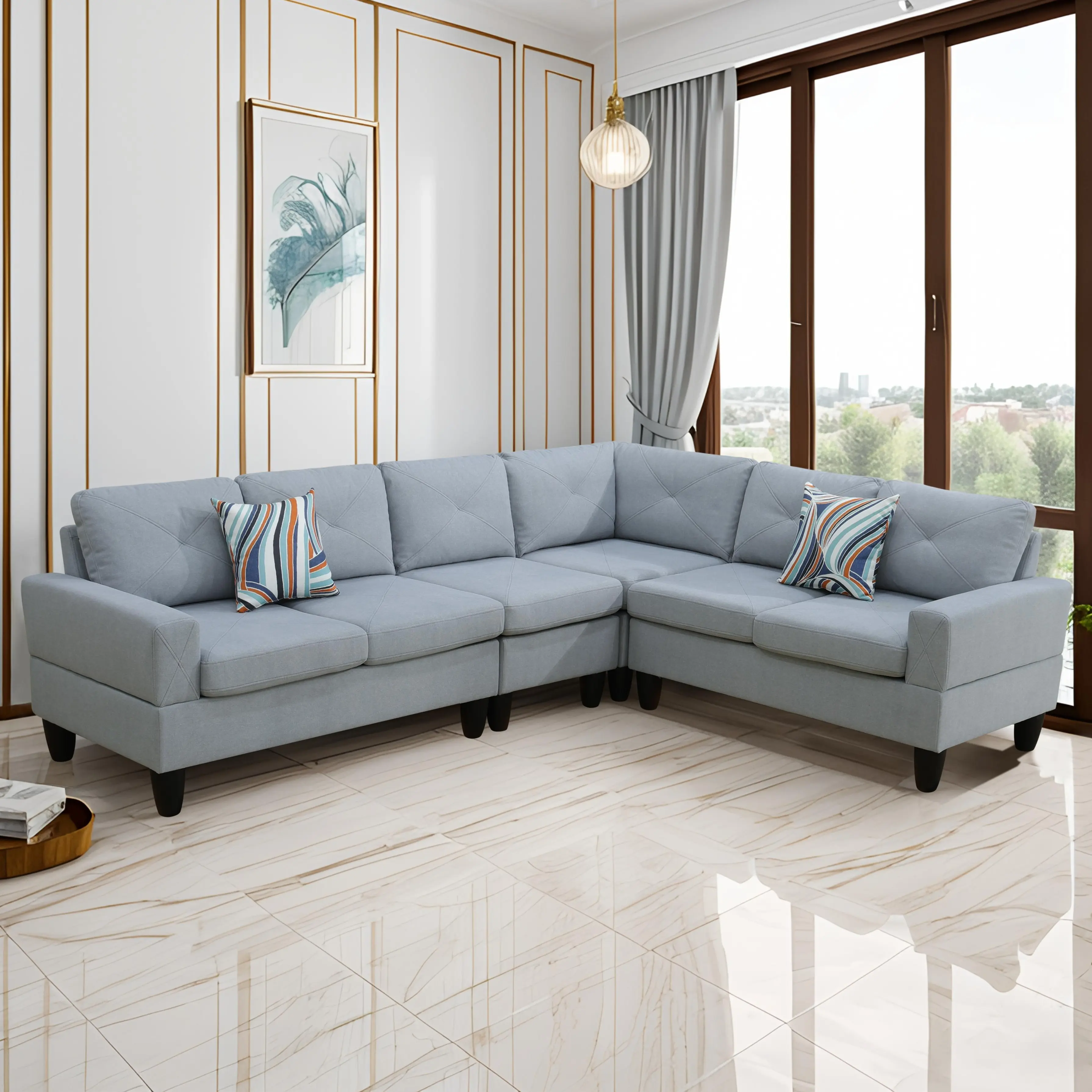Grey Massa Calico 4-Piece Durable Sofa Sets, Modern Soft Comfortable Living Room Couch, Stylish Indoor Home Furniture