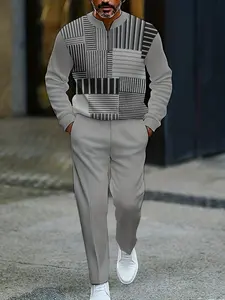 Men's Casual Sportswear Set, Sweatsuit Sets, Striped Patchwork Design, Half-Zip Long Sleeve Tee + Comfortable Pants, Ideal for Daily Wear & Sports