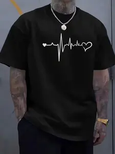 Heartbeat ECG Love Graphic T-Shirt, Minimalist Heart Line Print Tee, Oversized Crew Neck Shirt, Casual Streetwear Short Sleeve Top, Trendy Romantic Aesthetic Cotton Tee for Medical Fans, Love Enthusiasts and Minimalist Style Lovers