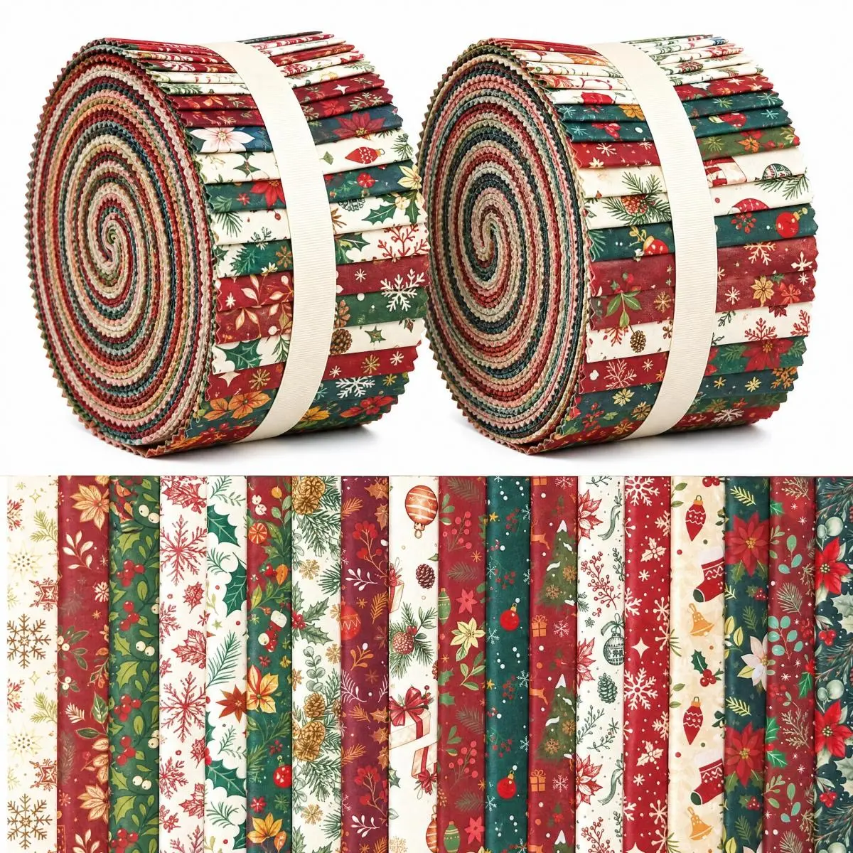 20 Options-100% Cotton Roll Fabric Precut Strips for Quilting, Crafting, and Sewing, 40 Strips 6.5cm×112cm  Assorted Bundles for Rugs, Quilts, DIY Crafts and Home Decor-Winter Christmas