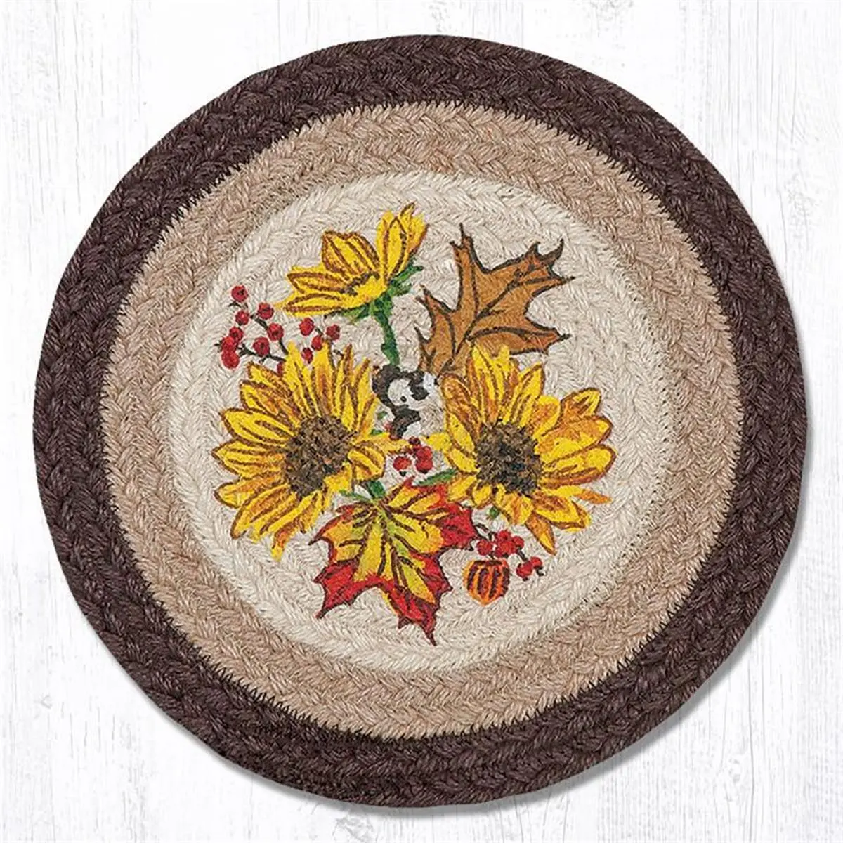 212 MAIN Durable Decorative Mat, Braided Jute Round Floral Rug, Hand-Stenciled Autumn Sunflower Design, 10 in