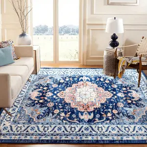 5x7 Area Rugs for Living Room, Washable Area Rug, Rugs for Bedroom, Kitchen, Vintage Boho Carpet, Soft Non-Slip, Low Pile Large Area Rug for Office Dining Room, Floral Blue