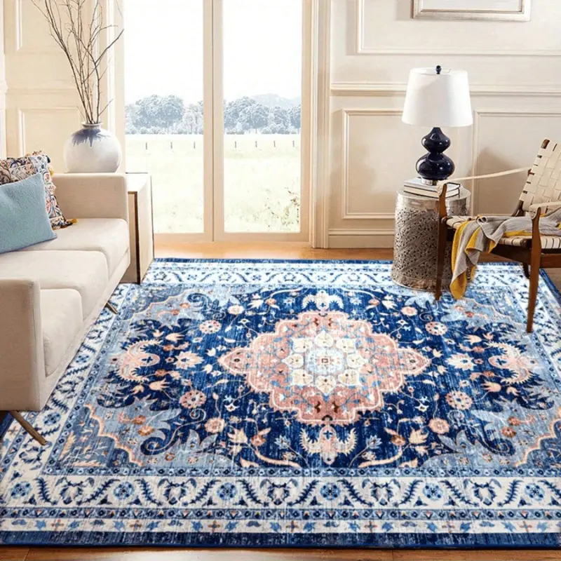 5x7 Area Rugs for Living Room, Washable Area Rug, Rugs for Bedroom, Kitchen, Vintage Boho Carpet, Soft Non-Slip, Low Pile Large Area Rug for Office Dining Room, Floral Blue