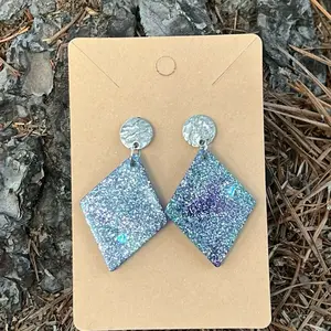 Resin Diamond Shaped Glitter Drop Earrings Handmade with Blue Ombre Design and Sparkling Finish