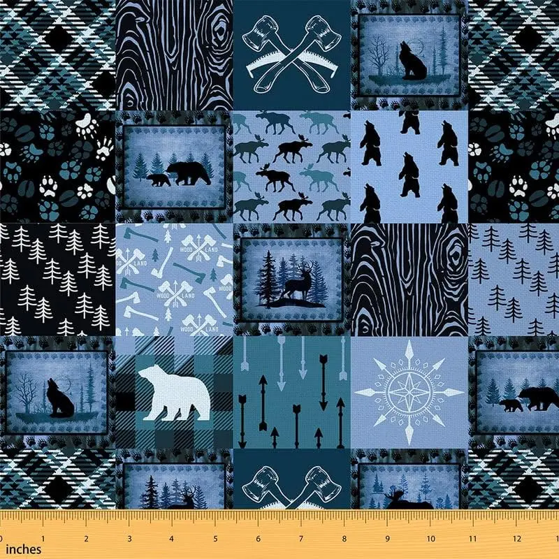 Feelyou Medium Weight Twill Weave Polyester Waterproof Upholstery Fabric, 36x58 in (1 yd) Blue-Black Plaid Grid Geometric Print with Bear & Cute Elk Designs, Indoor Machine Washable Tight Woven Fabric for DIY Enthusiasts' Home Projects