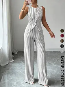 Elegant Commute Style Set, Sleeveless Round Neck Buttoned Slim Vest + High Waist Loose Straight Leg Pants, 2 Piece Suits