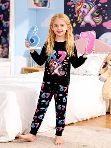 Girls' #67 Unicorn Print Long Sleeve Pajama Set, New Year Gift Sleepwear Pajamas, Pajamas Loungewear, Casual Home Wear, Cartoon Pattern, All Seasons