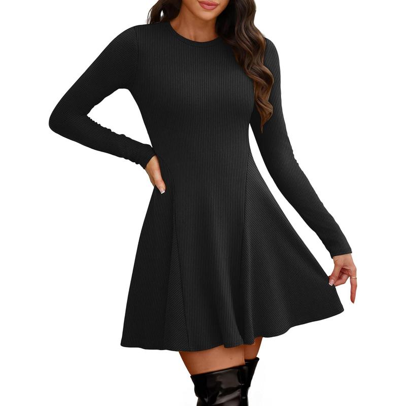 OFEEFAN Sweater Dress for Women Fall 2025 Long Sleeve Crew Neck Ribbed Knit Fit and Flare A-Line Dresses