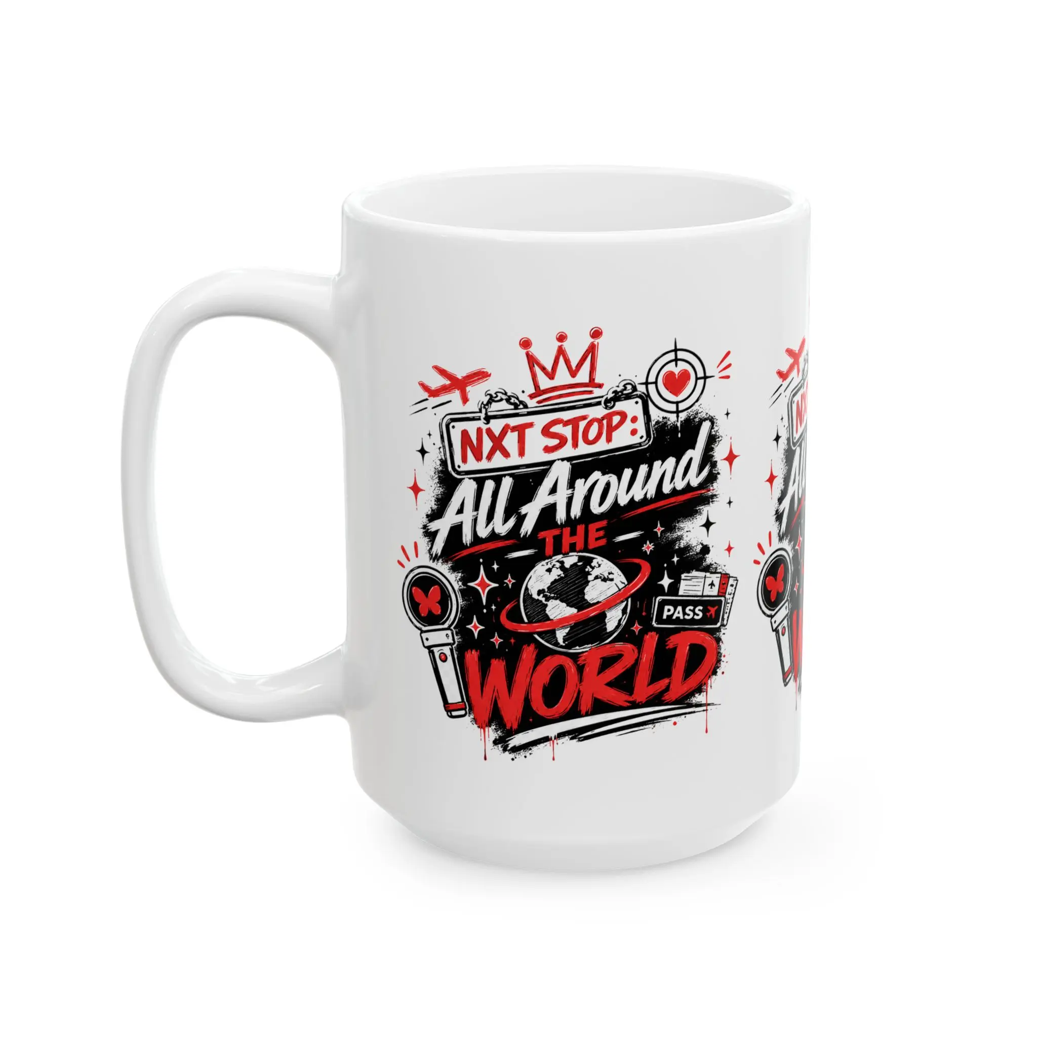 Kpop Travel All Around the World Mug 15oz | Plane Passport Map | Red