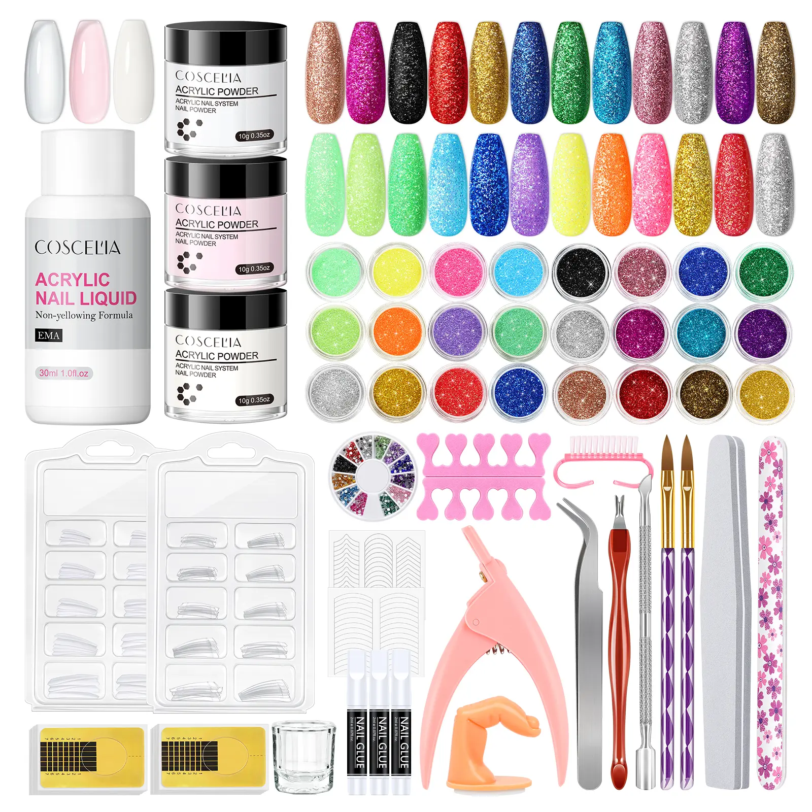 Acrylic Nail Kit with White Pink Clear Acrylic Powder Acrylic Liquid 24Pcs Nail Decoration Powder Manicure Tools Nail Glue for Professional Nail Art Starter Kit