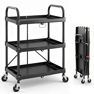 3-Tier Folding Utility Cart, Collapsible Service Cart with 4 Swivel Wheels & Brakes, 120LBS Capacity & Collapsible Storage Rolling Cart for Kitchen, Office, Garden