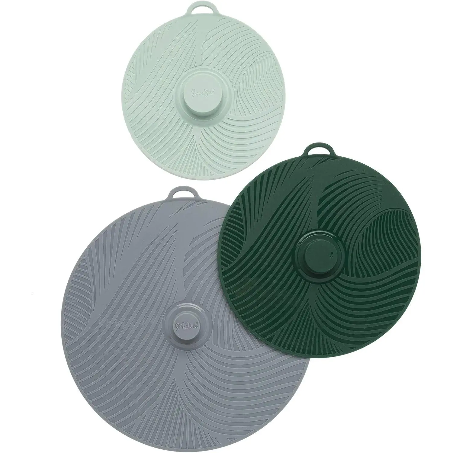 Universal Silicone Lids for Pots and Pans, Heat Safe, Reusable Suction Seal Covers for Bowls, Pots, Cups- Food Grade, Dishwasher Safe, 3 Piece, Gray, Green and Sage Coasters Tableware