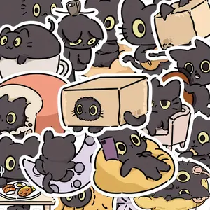 50 Cute Black Cat Stickers - Suitable for Notebooks, Phones, Laptops, etc. - Whimsical Cartoon Decals - PVC Material, Featuring Playful Designs of Cups, Boxes, and Furniture