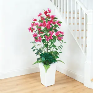 UV-Resistant Artificial Bougainvillea Tree Set – 4FT Realistic Faux Topiary in White Tall Planters – Indoor/Outdoor Decorative Plant for Home, Porch, Patio, Garden, Wedding – 2-Pack