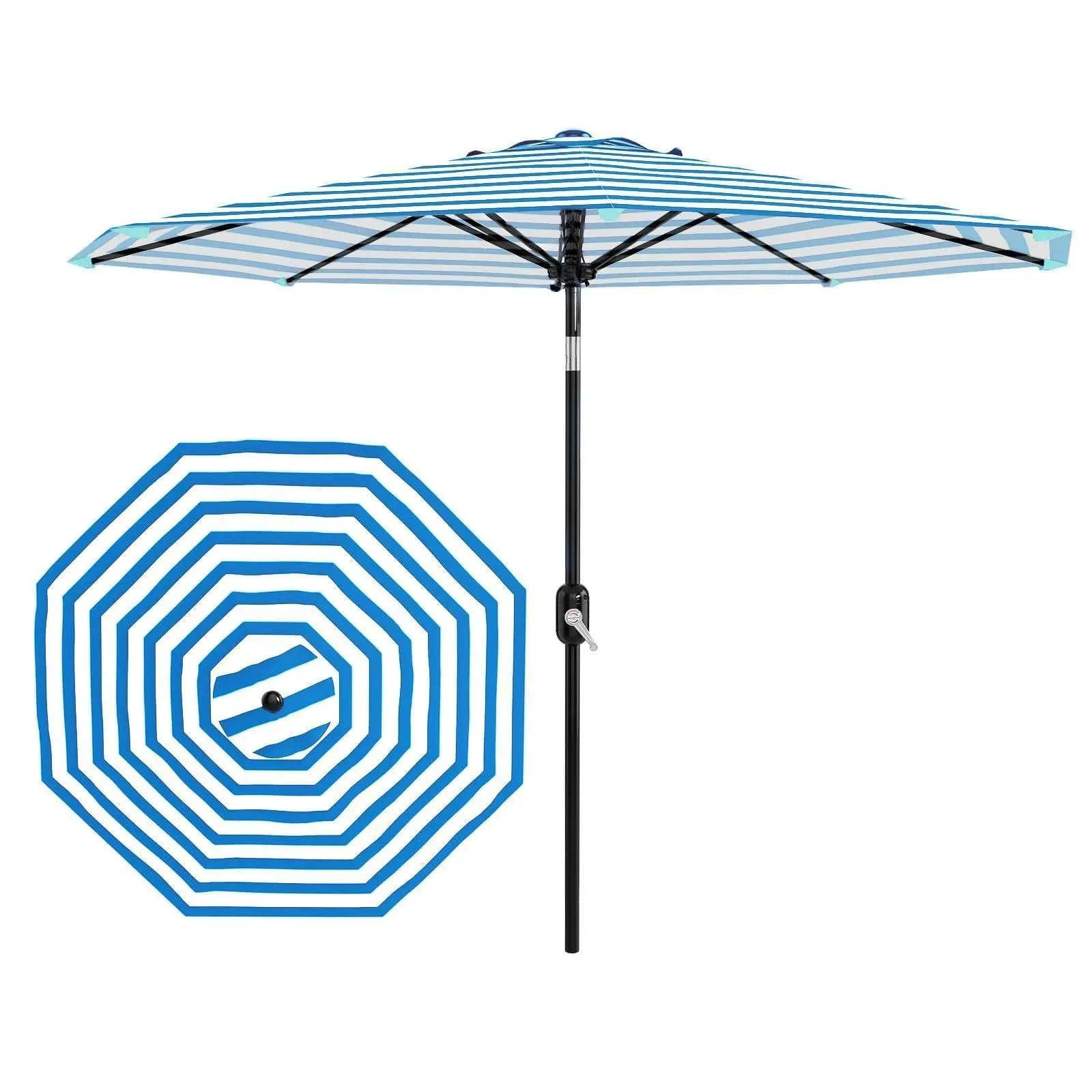 9 ft Modern Stripe Polyester Patio Umbrella - Outdoor Adjustable Vented Shade Umbrella with Push-Button Tilt, Crank Handle, 8 Sturdy Iron Ribs, UV Resistant, Waterproof, Easy to Use, Wipe with Cloth for Backyards, Garden (Blue & White), 8-Rib