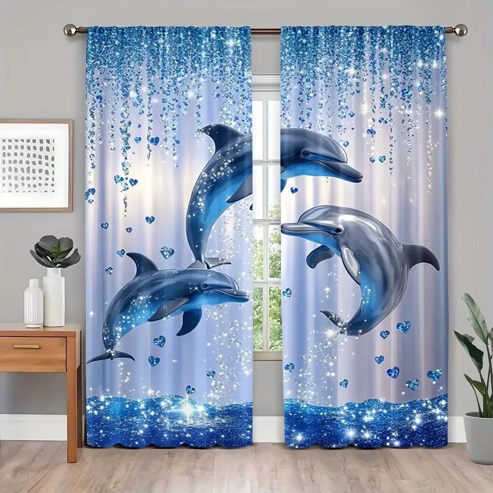 2 Pieces Charming Blue Dolphin Curtains in Art Deco Style, Washable Polyester, Sheer with Sparkling Bokeh Design, Ideal for Living Room Kitchen Dining Room