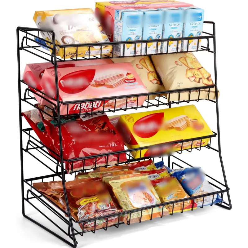 4-Tier Upgraded Metal Frame Rectangular Snack Candy Display Rack, Fast-Assembly Stable Counter Organiser, Multi-Function Storage Stand for Retail Shop & Kitchen, Tiered Shelf Maximizes Space for Chips, Sweets & Small Goods