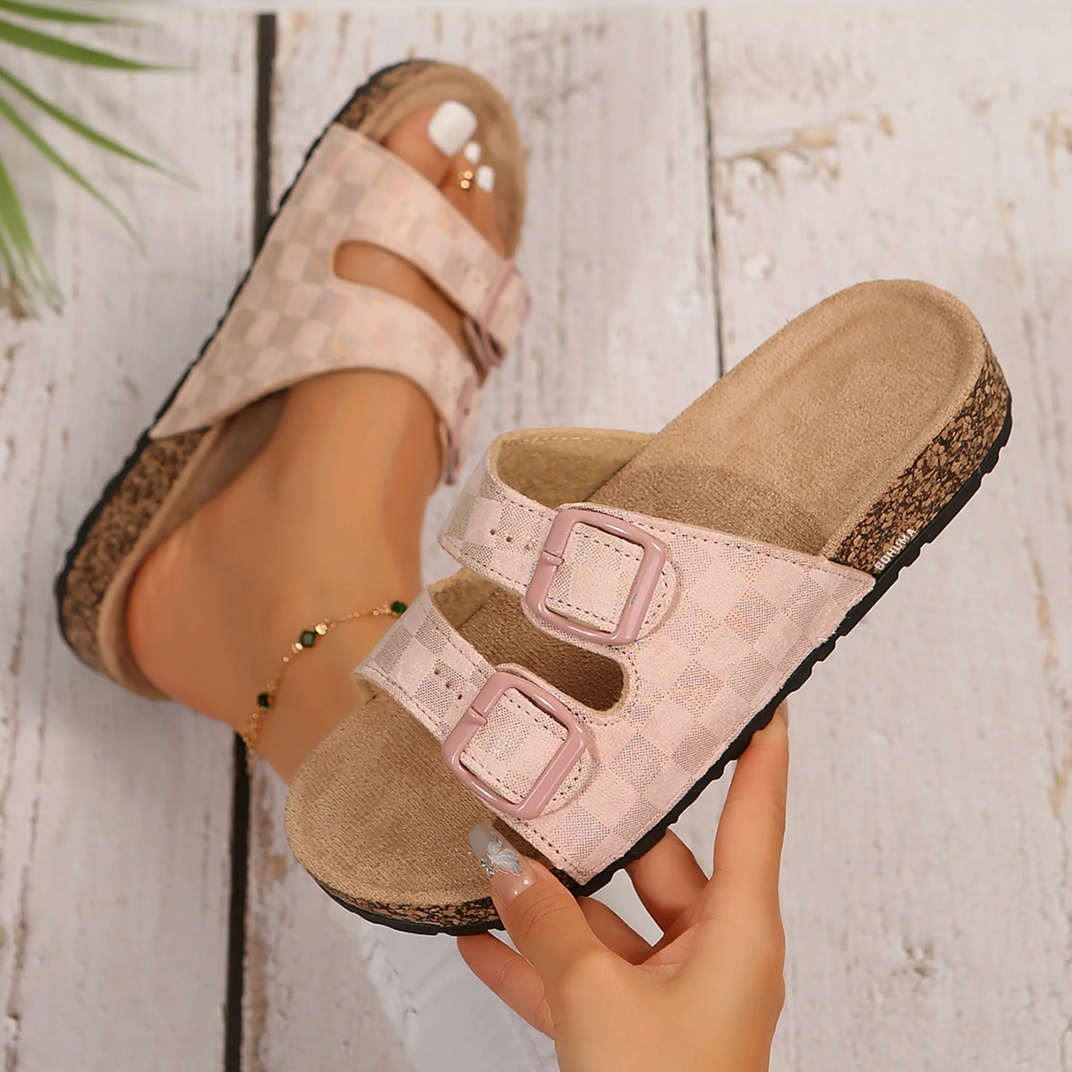 Women's Trendy Sandals Two-Strap Checkered Slides Shiny Finish for a Bold Look Summer Vibes