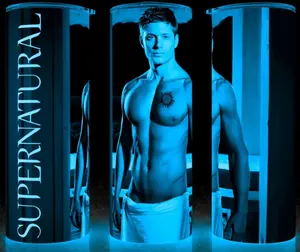 Glow in the Dark Supernatural TV Show  Dean Winchester in Bath Towel Cup Mug Tumbler 20oz with Lid and Straw - Elegant Drinkware for Supernatural Fans - Perfect for Hot or Cold Drinks! Stainless Steel. Flasks Plastic Glossy Insulated