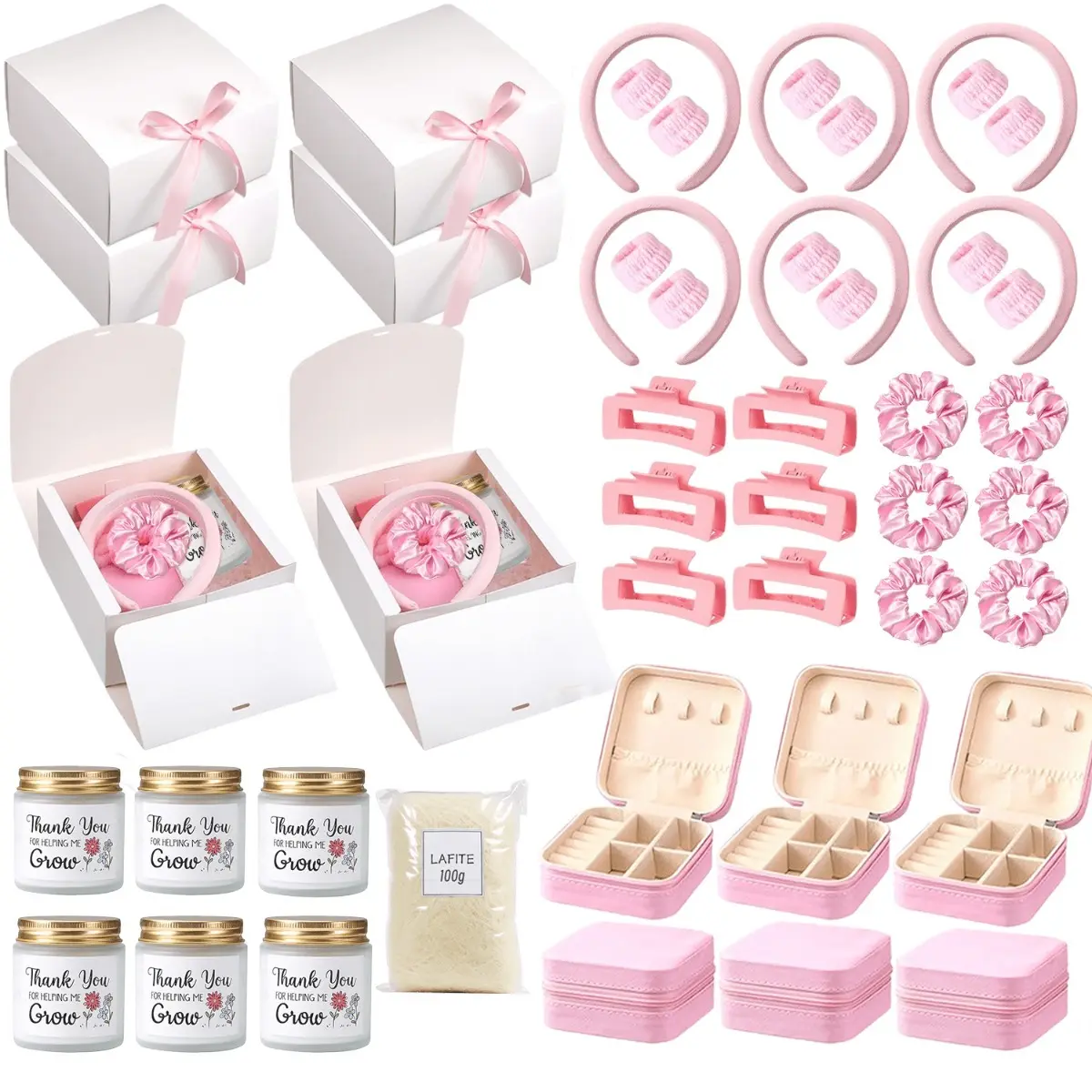 6-Set Floral Scented Candle Leather Travel Jewelry Case Spa Gift Pack - Headband, Wristband, Hair Claw Clips - Teacher Appreciation Bulk Gift Box, Party Gifts, Matching Gifts