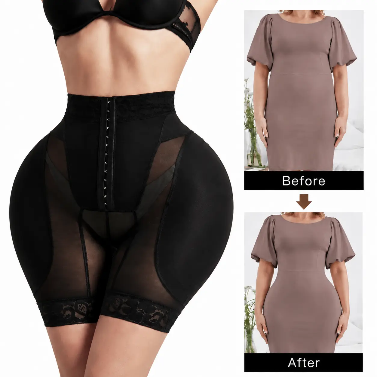 Women's High-Waist Tummy Control Waist Reduction Shapewear Shorts - Lacy Trim, Zipper Closure, 3D Sponge Pads, Butt Lifter, Seamless Slimming Underwear for Daily Wear
