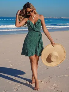Floral Halter Short Dress, Ruffle V Neck Design, Thin Straps, Waist Cinched, A-Line, Lightweight, Summer, Casual Wear, French Vacation Style