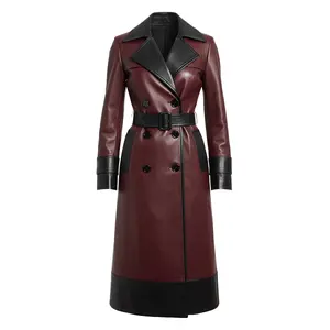 Women's Luxury Two-Tone Leather Trench Coat – Maroon & Black | Premium Real Leather Outerwear