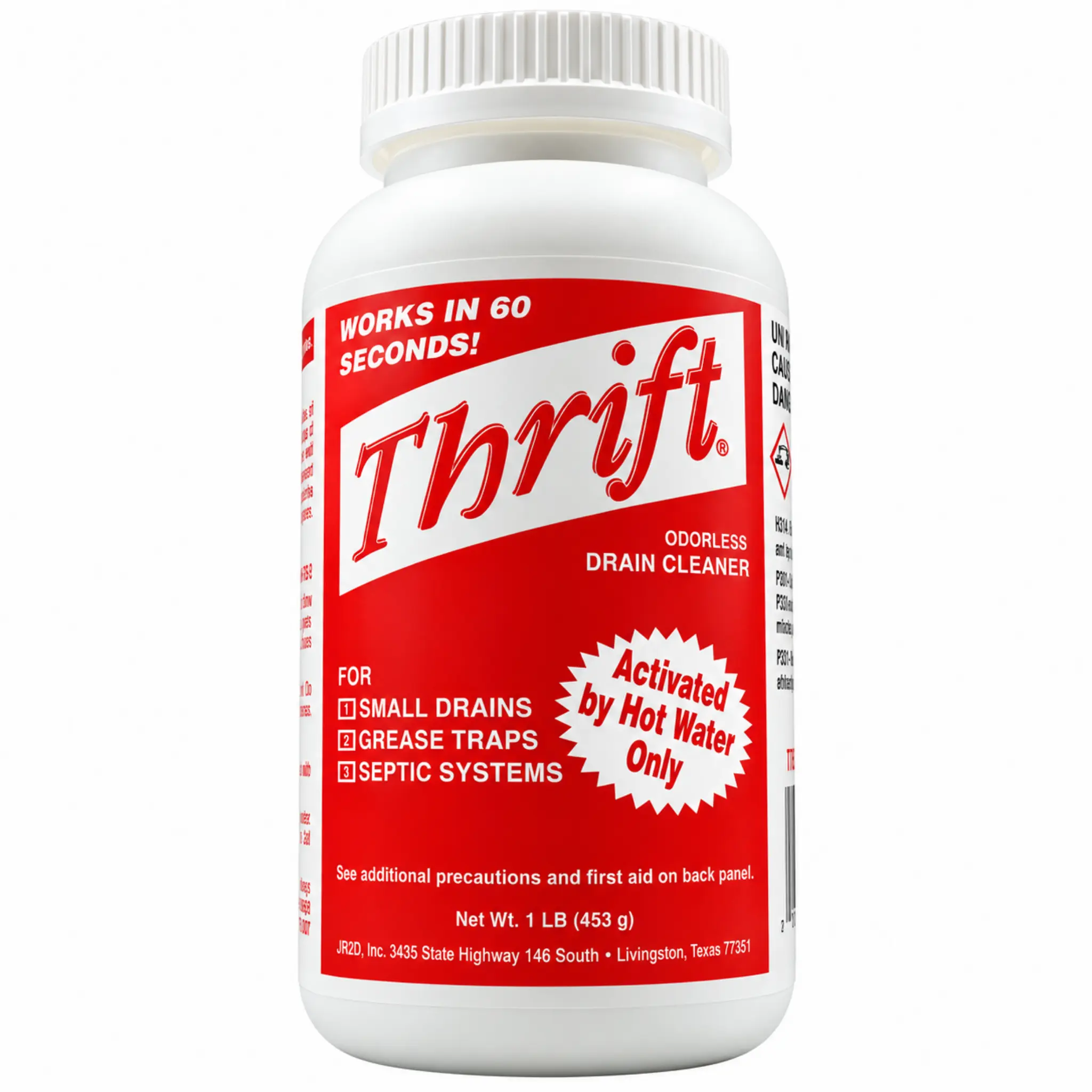 Thrift T-100 Alkaline-Based 1 lb Granular Drain Cleaner Powder, Unscented Household Plumbing Cleaner, Hot Water-Activated Easy-to-Use Unclogger for Tubs, Safe on PVC, Metal & Older Pipes