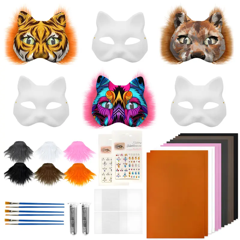 35 DIY Therian Mask Kit - 6PCS White Cat Animal Masks with Furs, Eye Mesh, 12-Color Paints, Whiskers & Brushes for Creative Cosplay Halloween Masquerade Party