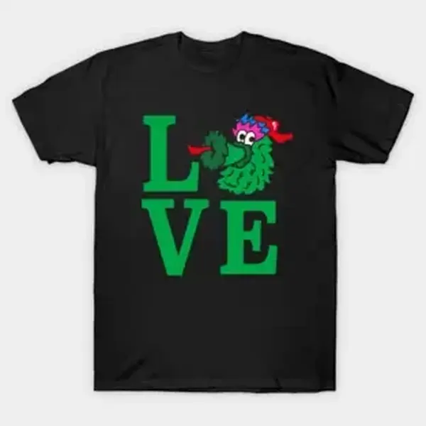 Phillie Phanatic Mascot LOVE Graphic Tee | Philadelphia Sports Green Typography Retro Game Day Oversized T-Shirt