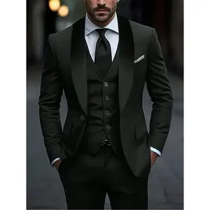 Men's Green 3-Piece Formal Suit - Business Wedding & Graduation Outfit, Fruit Collar Jacket & Trousers  Long Sleeve Menswear Polyester Pants Shirt Top
