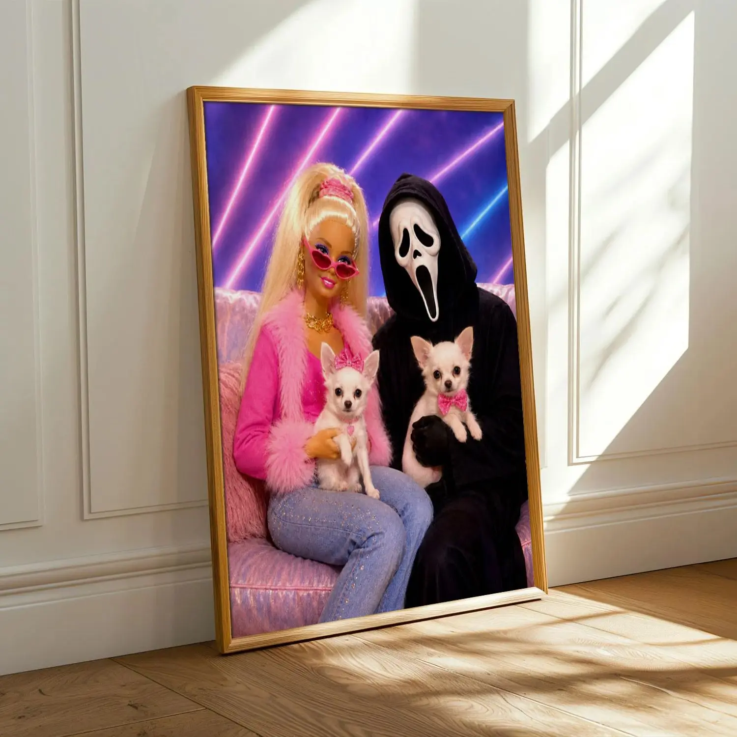 [25% OFF] [UNFRAMED] Funny Barbie and Ghostface Family Poster, Vintage 80s 90s Style Couple Portrait with Chihuahua Puppies, Horror Comedy Unframed Paper Print Decor