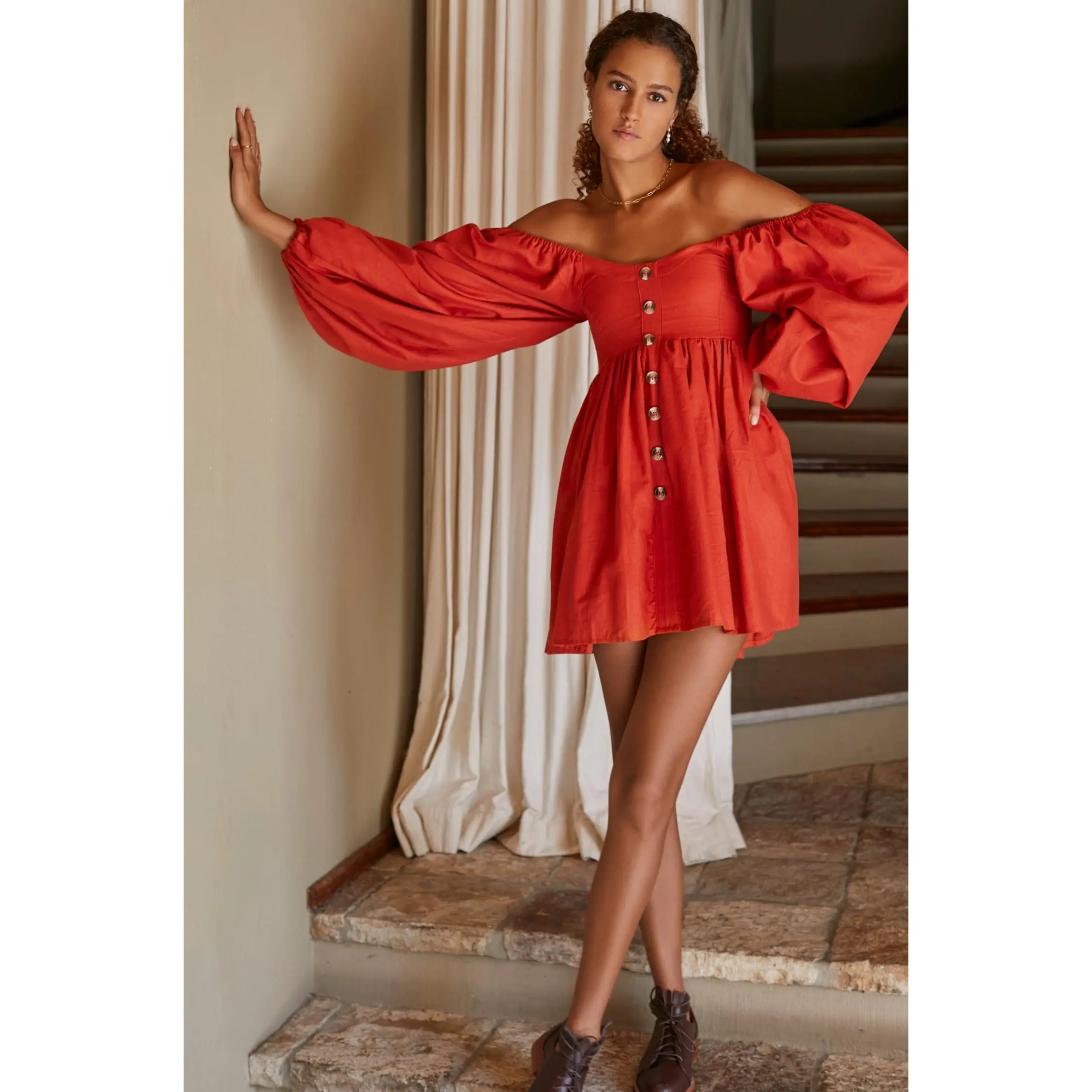 Chloie Empire Waist Linen Mini Dress - Cranberry