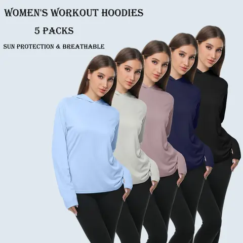 Women's 5-Pack Knitting Hooded Gym Tops - Quick Dry, UV-Protective, Lightweight, Breathable, Stretch Long Sleeve, Fitted Cut for Gym Workouts, Outdoor Running