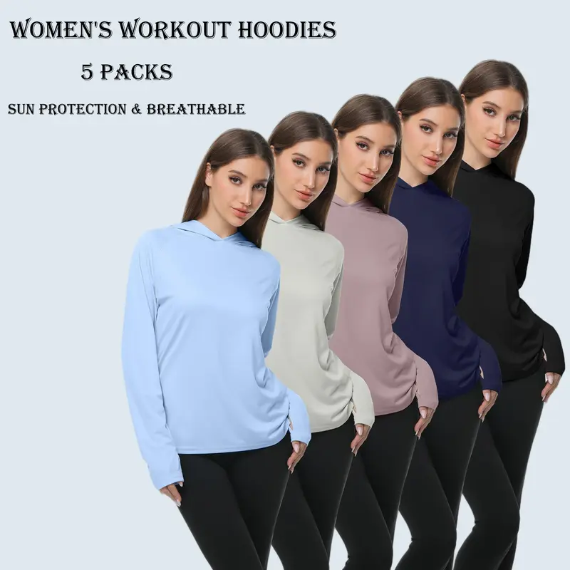 Women's 5-Pack Knitting Hooded Gym Tops - Quick Dry, UV-Protective, Lightweight, Breathable, Stretch Long Sleeve, Fitted Cut for Gym Workouts, Outdoor Running
