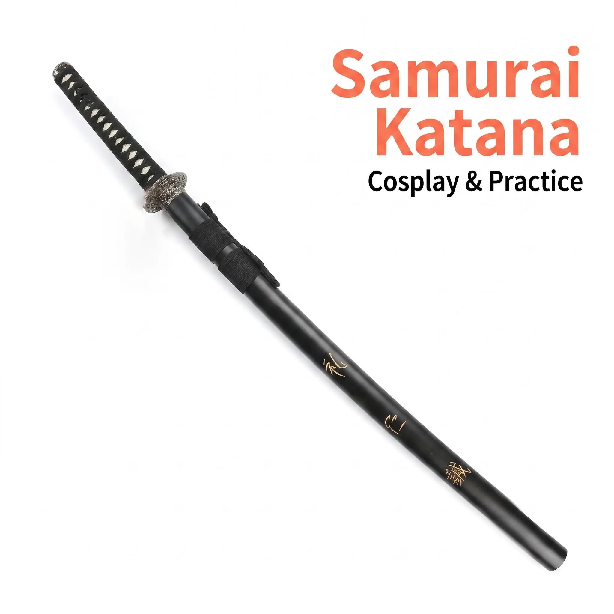 Traditional Japanese Samurai Katana Toy Sword - Full Size Safe Steel Blade, Black Wrapped Handle, Black Scabbard With Golden Kanji Print, Decorative Equipment For Daily Martial Arts Practice, Halloween Cosplay, Home Decoration