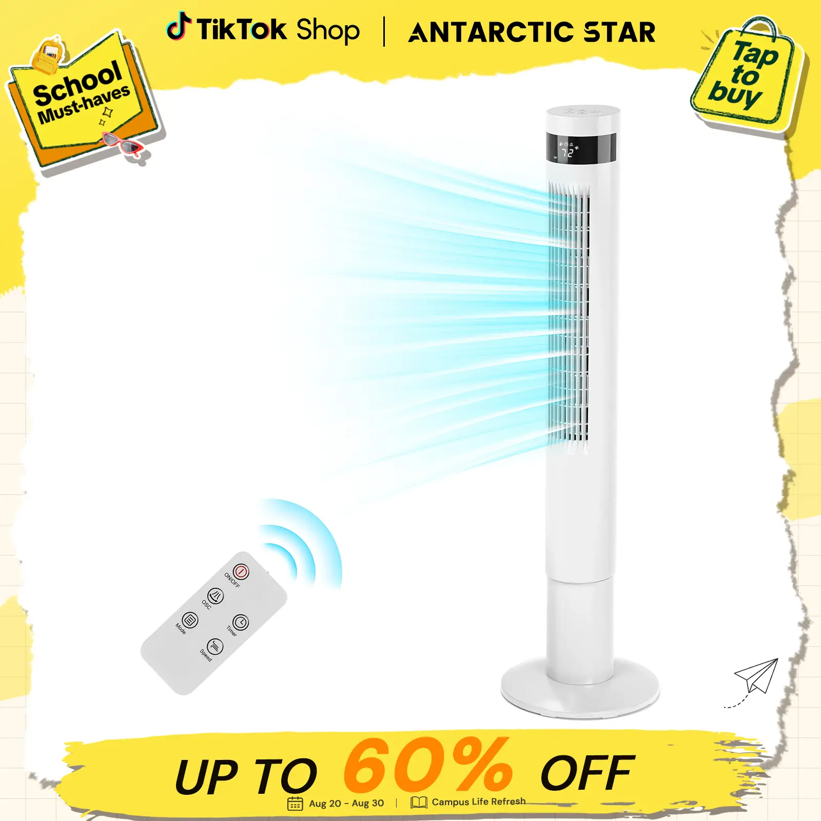 【Not Air Conditioner】Antarctic Star 43in Tower Standing Fan - 85° Oscillation, 12H Timer, Remote Control, Quiet Operation, Instant Airflow, Easy-to-Use for Bedroom, Home Office