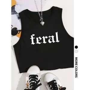 [Sale Up To 40%] Made in USA, Women’s Micro Rib Racer Tank Top Feral Graphic, Gothic Letter Print Crop Tank, Slim Fit Ribbed Racerback Tank, Y2K Aesthetic Sleeveless Top, Streetwear Summer Crop Top, Women’s Casual Everyday Tank
