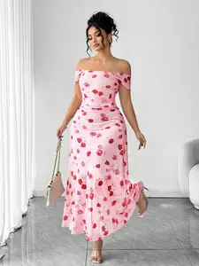 Elenzga Plus Size Off Shoulder Rose Print Maxi Dress for Women – Cinched Waist Pleated Mesh Elegant Vacation Date Outfit