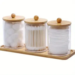 1Set Transparent Storage Box with Bamboo Cover and Tray, Suitable for Bathroom Organization Storage, Decoration, Farmhouse Pharmacist Jar Swabs, Balls, Mats, Dental Floss Bottles Tin