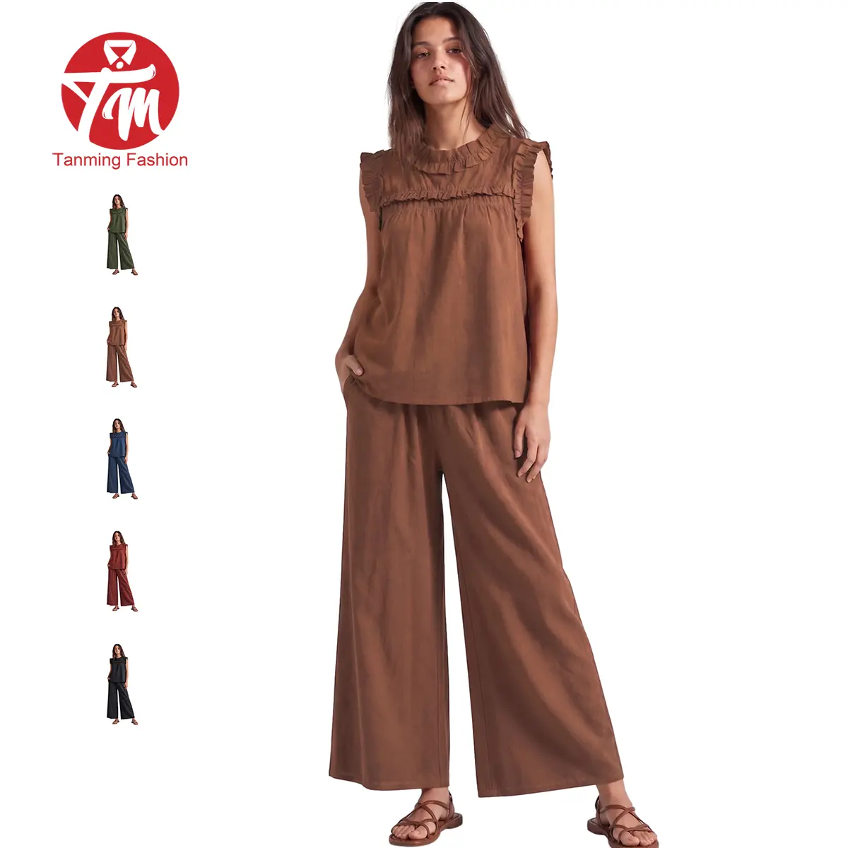Tanming Women's 2-Piece Cotton Linen Set, Chic Casual Summer Loungewear with Loose-Fit Round Neck Sleeveless Ruffle Top and Wide Leg Pants, Casuallook, Basic, Women's Clothes, Elegant, Top&Pants, 2 Piece Sets, Matching Sets For Women