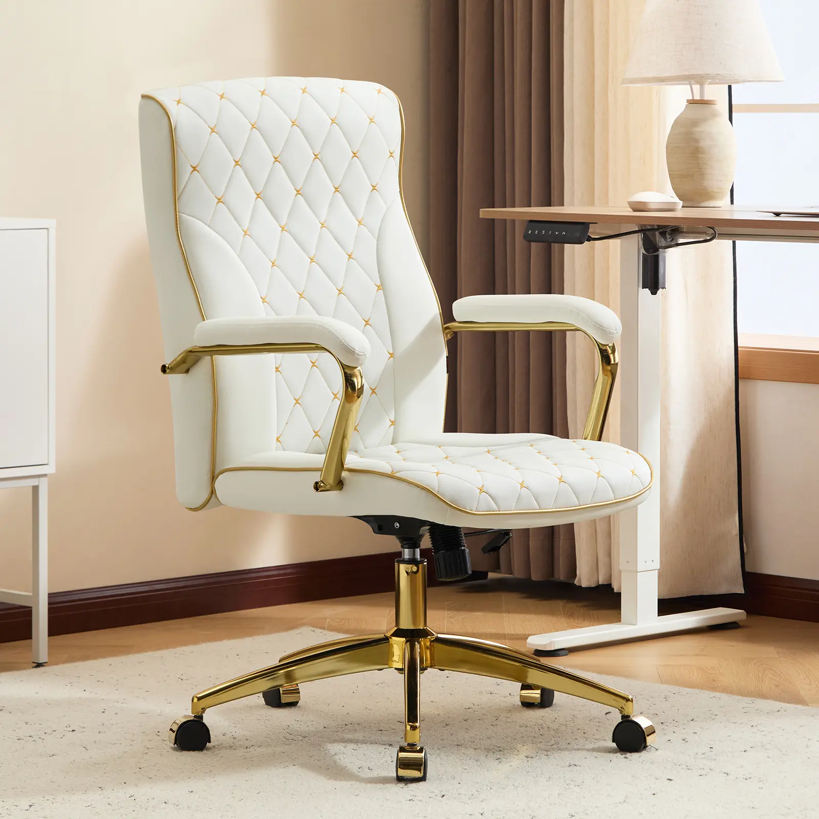 Furnimart White & Gold Executive Office Chair Cat Claw Leather Scratch Resistant Ergonomic Lumbar Support for Home Office Living Room Bedroom