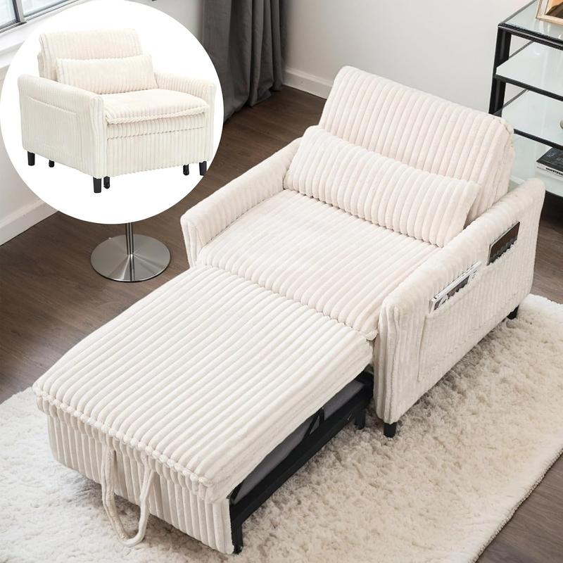 3 in 1 Convertible Sleeper Chair, Pull Out Sofa Bed with Adjustable Backrest & Storage Pockets, Recliner Chair Bed, Modern Corduroy Chaise Lounge for Bedroom Living Room Small Space (Beige)